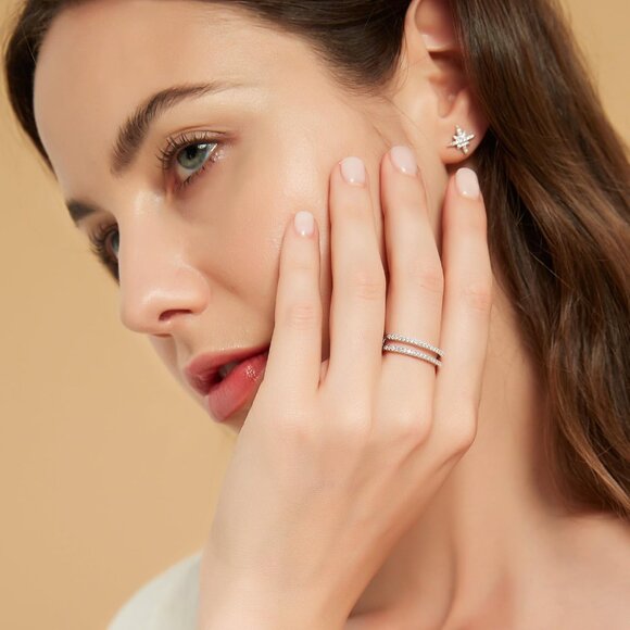 🆕 Women Silver Cubic Zirconia Half Eternity Stackable Engagement Double Ring - Picture 6 of 6